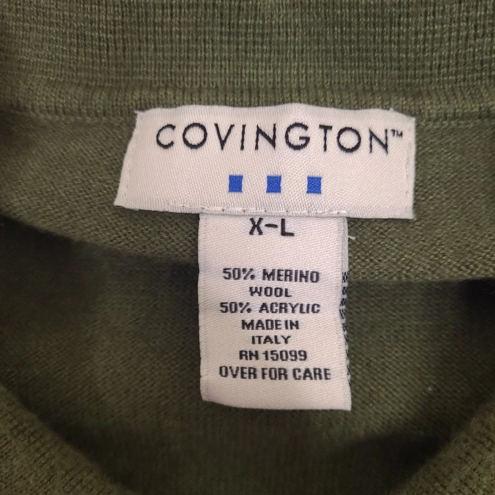 Covington Mens XL Merino Wool Blend Polo Sweater Green Made in Italy Long Sleeve